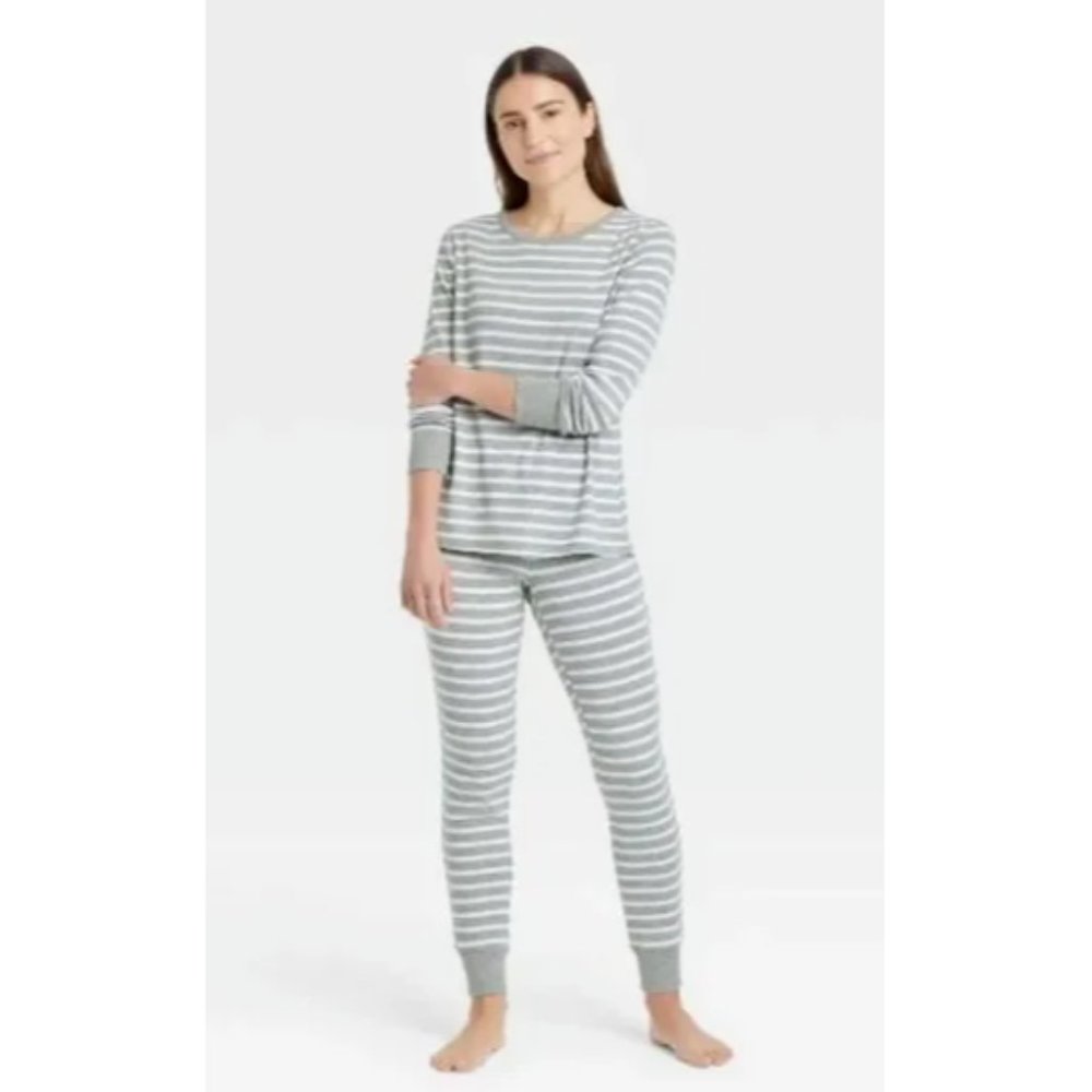 stars above Gray & White Striped Long-Sleeve Pajama Set